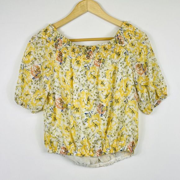 Joie Yellow Chiffon Lined Floral Crop Off Shoulder Top Shirt Womens Small NEW - Picture 5 of 6